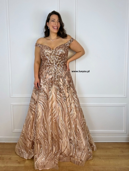 Mirabell różowo-złota sukienka dla mamy weselnej plus size