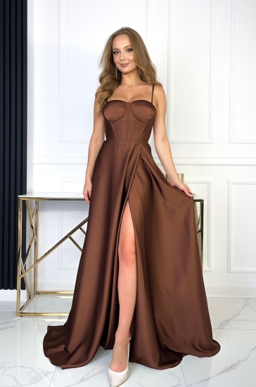 Valeria czekoladowa - sukienka z satyny z gorsetem