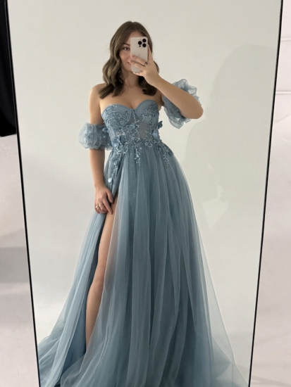 Noelia niebieska - sukienka z gorsetem  i tiulem w stylu księżniczki
