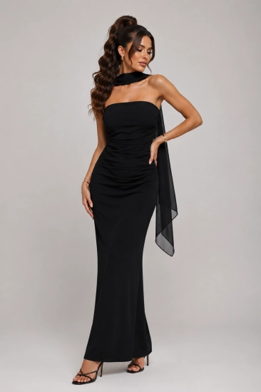 Fima czarna - elegancka sukienka dopasowana z szalem
