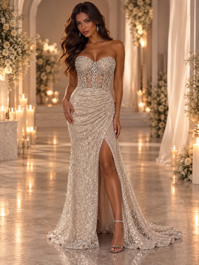 Beżowo srebrna sukienka z kryształkami i gorsetem
